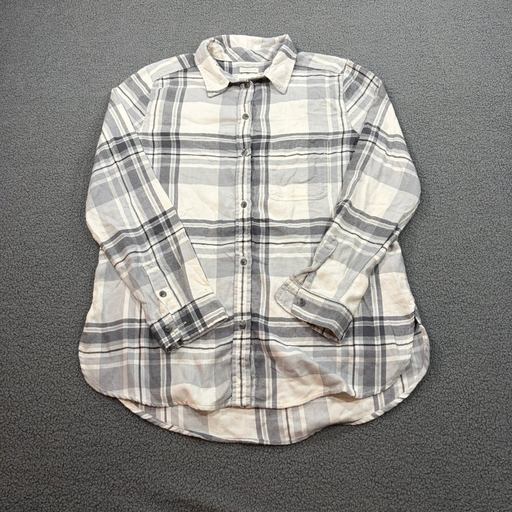 American Eagle Button Up Women M White Grey Plaid Boyfriend Fit Flannel Shirt